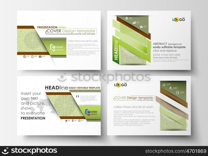 Set of business templates for presentation slides. Easy editable abstract layouts in flat design, vector illustration. Green color background with leaves. Spa concept in linear style. Vector decoration for cosmetics, beauty industry.