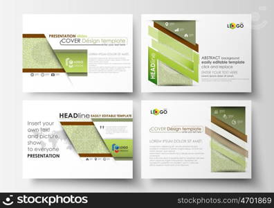 Set of business templates for presentation slides. Easy editable abstract layouts in flat design, vector illustration. Green color background with leaves. Spa concept in linear style. Vector decoration for cosmetics, beauty industry.