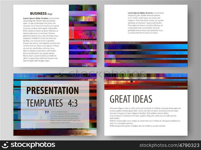 Set of business templates for presentation slides. Easy editable abstract layouts in flat design, vector illustration. Glitched background made of colorful pixel mosaic. Digital decay, signal error, television fail. Trendy glitch backdrop.