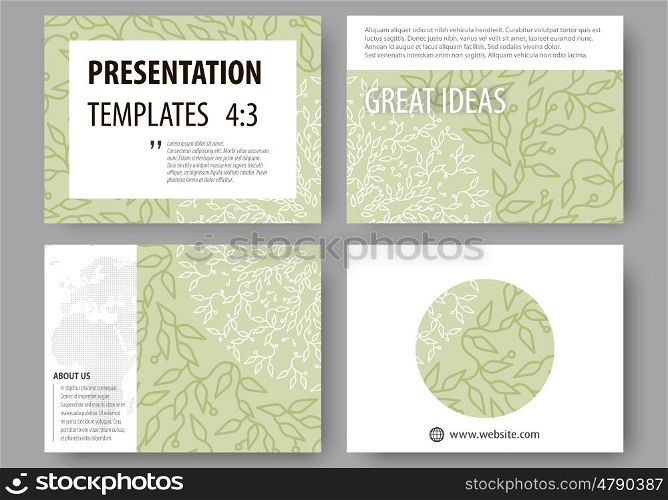 Set of business templates for presentation slides. Easy editable abstract layouts in flat design, vector illustration. Green color background with leaves. Spa concept in linear style. Vector decoration for cosmetics, beauty industry.
