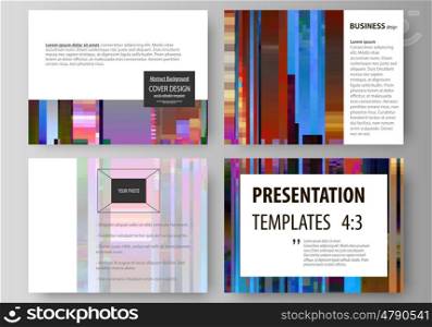 Set of business templates for presentation slides. Easy editable abstract layouts in flat design, vector illustration. Glitched background made of colorful pixel mosaic. Digital decay, signal error, television fail. Trendy glitch backdrop.
