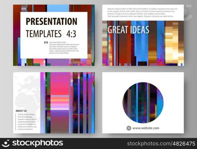 Set of business templates for presentation slides. Easy editable abstract layouts in flat design, vector illustration. Glitched background made of colorful pixel mosaic. Digital decay, signal error, television fail. Trendy glitch backdrop.