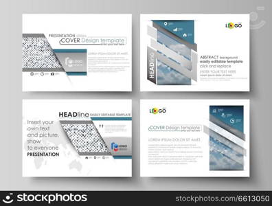 Set of business templates for presentation slides. Easy editable abstract layouts in flat design, vector illustration. Blue color pattern with rhombuses, abstract design geometrical vector background. Simple modern stylish texture.. Set of business templates for presentation slides. Vector layouts in flat style. Blue color pattern with rhombuses, abstract design geometrical background. Simple modern stylish texture.