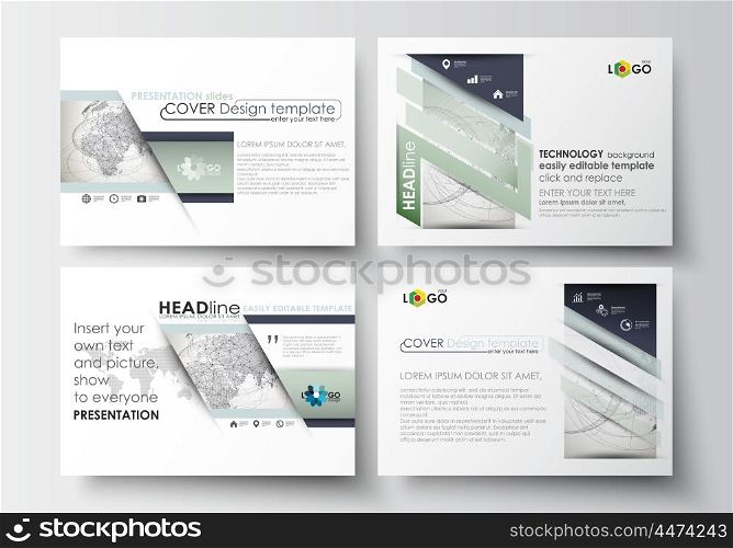 Set of business templates for presentation slides. Easy editable abstract layouts in flat design. Dotted world globe with construction and polygonal molecules on gray background, vector illustration