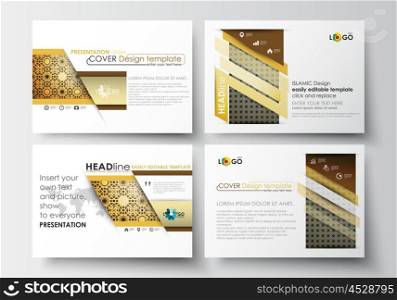 Set of business templates for presentation slides. Easy editable abstract layouts in flat design. Islamic gold pattern, overlapping geometric shapes forming abstract ornament. Vector golden texture.