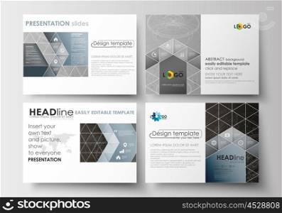 Set of business templates for presentation slides. Easy editable abstract layouts in flat design. Abstract 3D construction and polygonal molecules on gray background, scientific technology vector.