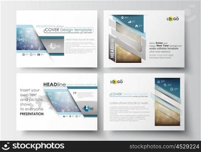 Set of business templates for presentation slides. Easy editable abstract layouts in flat design. Christmas decoration, vector background with shiny snowflakes, stars.