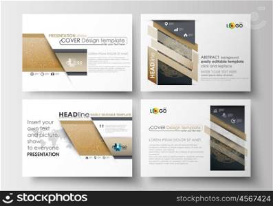 Set of business templates for presentation slides. Easy editable abstract layouts in flat design. Golden technology background, connection structure with connecting dots and lines, science vector.