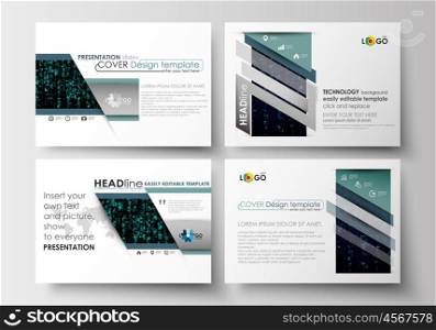 Set of business templates for presentation slides. Easy editable abstract layouts in flat design. Virtual reality, color code streams glowing on screen, abstract technology background with symbols.