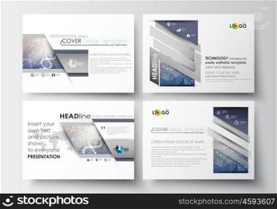 Set of business templates for presentation slides. Easy editable abstract layouts in flat design. DNA molecule structure on blue background. Scientific research, medical technology.