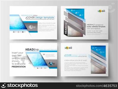 Set of business templates for presentation slides. Easy editable abstract layouts in flat design. Abstract triangles, blue triangular background, colorful polygonal pattern.