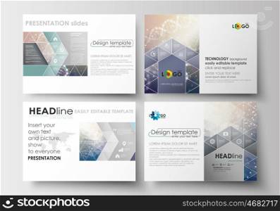 Set of business templates for presentation slides. Easy editable abstract layouts in flat design. DNA molecule structure on blue background. Scientific research, medical technology
