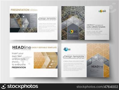 Set of business templates for presentation slides. Easy editable abstract layouts in flat design. Golden technology background, connection structure with connecting dots and lines, science vector