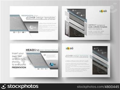 Set of business templates for presentation slides. Easy editable abstract layouts in flat design. Abstract 3D construction and polygonal molecules on gray background, scientific technology vector.