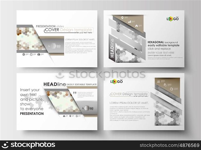 Set of business templates for presentation slides. Easy editable abstract layouts in flat design. Abstract gray color business background, modern stylish hexagonal vector texture.