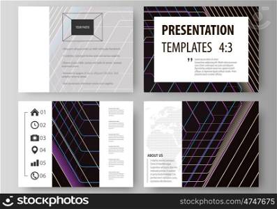 Set of business templates for presentation slides. Easy editable abstract vector layouts in flat design. Abstract polygonal background with hexagons, illusion of depth and perspective. Black color geometric design, hexagonal geometry.