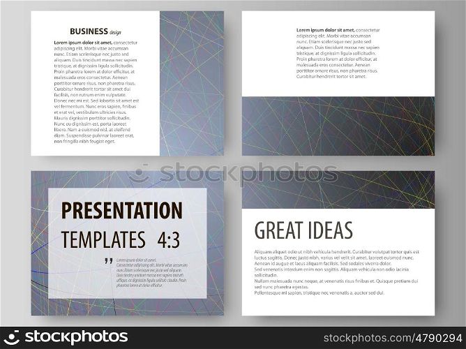 Set of business templates for presentation slides. Easy editable abstract vector layouts in flat design. Colorful dark background with abstract lines. Bright color chaotic, random, messy curves. Colourful vector decoration.