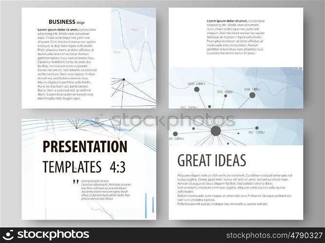 Set of business templates for presentation slides. Easy editable abstract vector layouts in flat design. Blue color abstract infographic background in minimalist style made from lines, symbols, charts, diagrams and other elements.