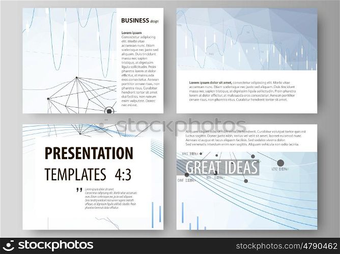 Set of business templates for presentation slides. Easy editable abstract vector layouts in flat design. Blue color abstract infographic background in minimalist style made from lines, symbols, charts, diagrams and other elements.