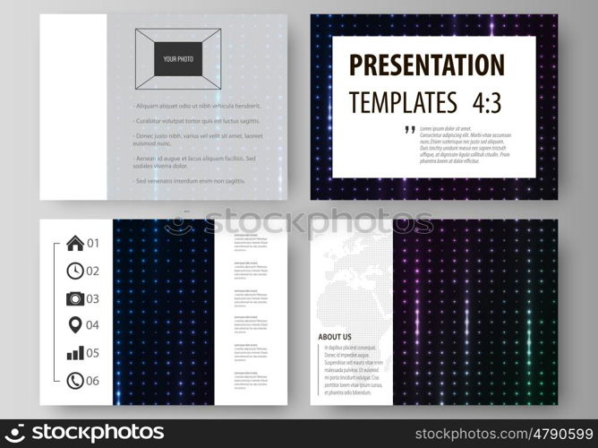 Set of business templates for presentation slides. Easy editable abstract vector layouts in flat design. Abstract colorful neon dots, dotted technology background. Glowing particles, led light pattern, futuristic texture, digital vector design.