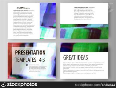 Set of business templates for presentation slides. Easy editable abstract vector layouts in flat design. Glitched background made of colorful pixel mosaic. Digital decay, signal error, television fail.