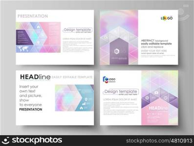 Set of business templates for presentation slides. Easy editable abstract vector layouts in flat design. Hologram, background in pastel colors with holographic effect. Blurred colorful pattern, futuristic surreal texture.