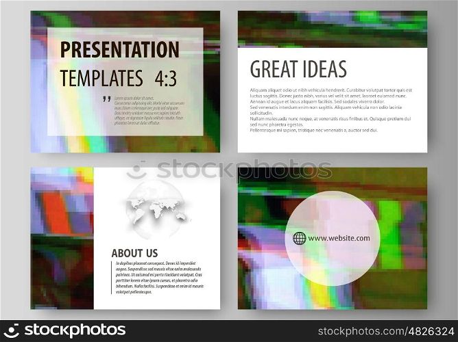 Set of business templates for presentation slides. Easy editable abstract vector layouts in flat design. Glitched background made of colorful pixel mosaic. Digital decay, signal error, television fail.