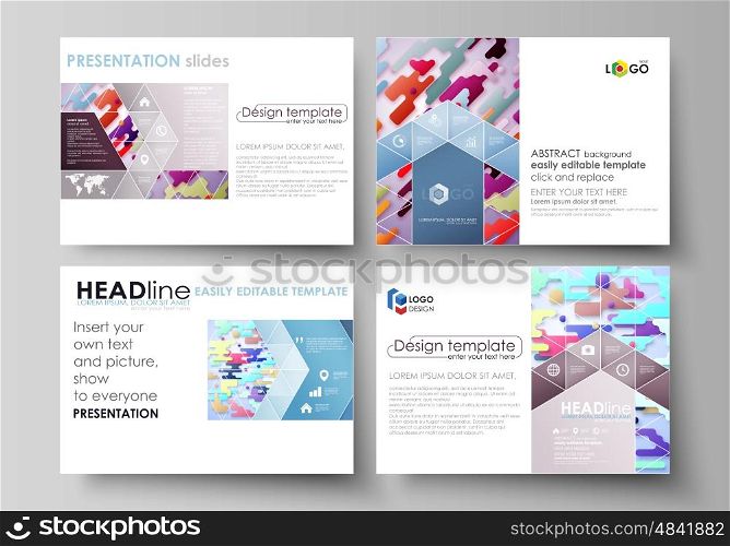 Set of business templates for presentation slides. Easy editable abstract vector layouts in flat design. Bright color lines and dots, colorful minimalist backdrop with geometric shapes forming beautiful minimalistic background.