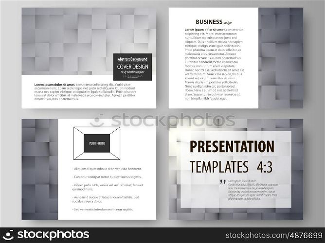 Set of business templates for presentation slides. Easy editable abstract vector layouts in flat design. Pattern made from squares, gray background in geometrical style. Simple texture