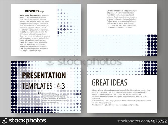 Set of business templates for presentation slides. Easy editable abstract vector layouts in flat design. Halftone dotted background, retro style grungy pattern, vintage texture. Halftone effect with black dots on white.