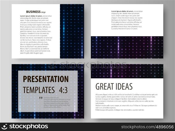 Set of business templates for presentation slides. Easy editable abstract vector layouts in flat design. Abstract colorful neon dots, dotted technology background. Glowing particles, led light pattern, futuristic texture, digital vector design.