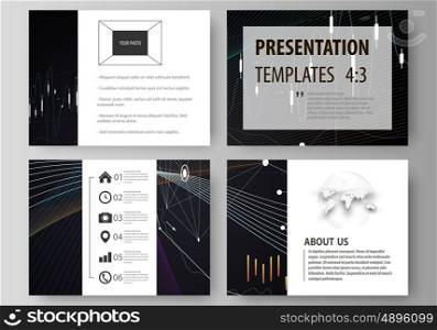 Set of business templates for presentation slides. Easy editable abstract vector layouts in flat design. Black color abstract infographic background in minimalist style made from lines, symbols, charts, diagrams and other elements.