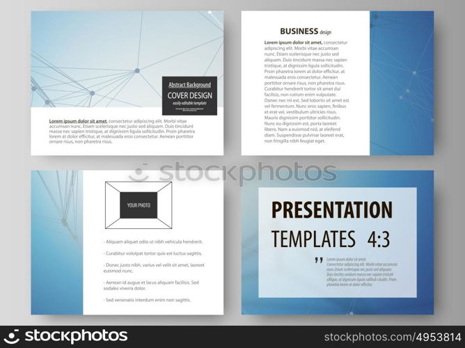 Set of business templates for presentation slides. Easy editable abstract vector layouts in flat design. Geometric blue color background, molecule structure, science concept. Connected lines and dots.. Set of business templates for presentation slides. Easy editable abstract vector layouts in flat design. Geometric blue color background, molecule structure, science concept. Connected lines and dots