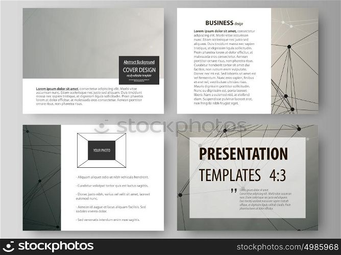 Set of business templates for presentation slides. Easy editable abstract vector layouts in flat design. Chemistry pattern, molecule structure on gray background. Science and technology concept.. Set of business templates for presentation slides. Easy editable abstract vector layouts in flat design. Chemistry pattern, molecule structure on gray background. Science and technology concept