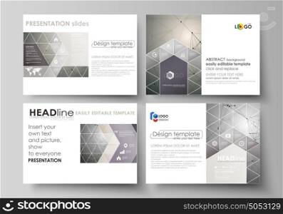 Set of business templates for presentation slides. Easy editable abstract vector layouts in flat design. Chemistry pattern, molecule structure on gray background. Science and technology concept.. Set of business templates for presentation slides. Easy editable abstract vector layouts in flat design. Chemistry pattern, molecule structure on gray background. Science and technology concept