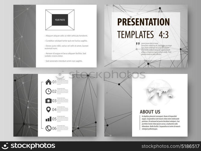 Set of business templates for presentation slides. Easy editable abstract vector layouts in flat design. Chemistry pattern, molecule structure on gray background. Science and technology concept.. Set of business templates for presentation slides. Easy editable abstract vector layouts in flat design. Chemistry pattern, molecule structure on gray background. Science and technology concept