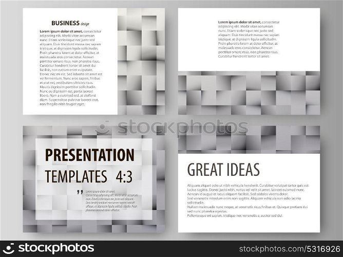 Set of business templates for presentation slides. Easy editable abstract vector layouts in flat design. Pattern made from squares, gray background in geometrical style. Simple texture.. Set of business templates for presentation slides. Easy editable abstract vector layouts in flat design. Pattern made from squares, gray background in geometrical style. Simple texture