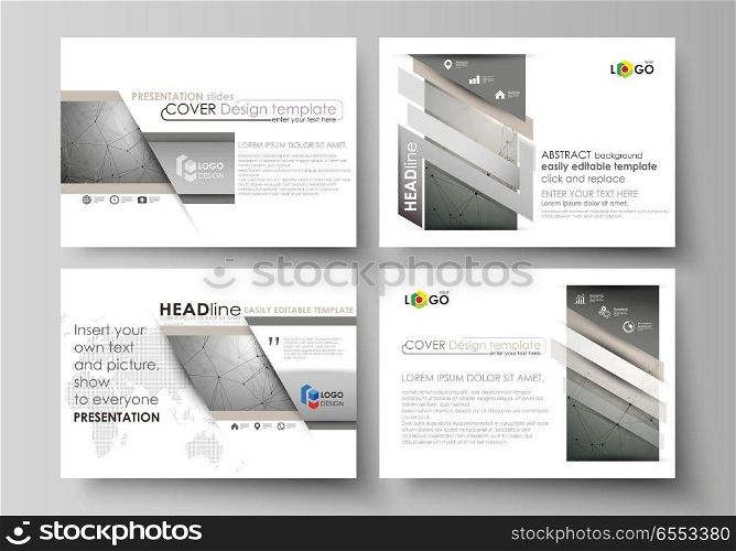 Set of business templates for presentation slides. Easy editable abstract vector layouts in flat design. Chemistry pattern, molecule structure on gray background. Science and technology concept. Set of business templates for presentation slides. Easy editable abstract vector layouts in flat design. Chemistry pattern, molecule structure on gray background. Science and technology concept.