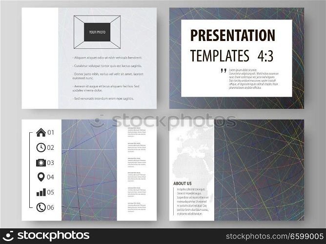 Set of business templates for presentation slides. Easy editable abstract vector layouts in flat design. Colorful dark background with abstract lines. Bright color chaotic, random, messy curves. Colourful vector decoration.. Business templates for presentation slides. Easy editable layouts in flat design. Colorful dark background with abstract lines. Bright color chaotic, random, messy curves. Colourful vector decoration.