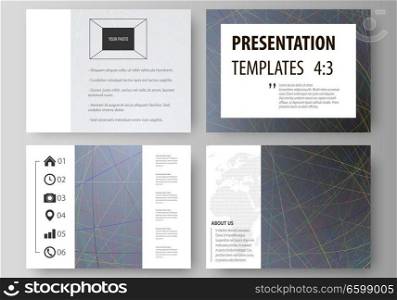 Set of business templates for presentation slides. Easy editable abstract vector layouts in flat design. Colorful dark background with abstract lines. Bright color chaotic, random, messy curves. Colourful vector decoration.. Business templates for presentation slides. Easy editable layouts in flat design. Colorful dark background with abstract lines. Bright color chaotic, random, messy curves. Colourful vector decoration.