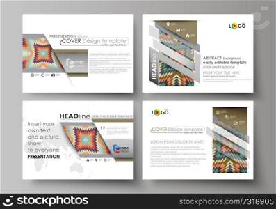 Set of business templates for presentation slides. Easy editable abstract vector layouts in flat design. Tribal pattern, geometrical ornament in ethno syle, ethnic hipster backdrop, vintage fashion background.. Set of business templates for presentation slides. Abstract vector layouts in flat design. Tribal pattern, geometrical ornament in ethno syle, ethnic hipster backdrop, vintage fashion background.