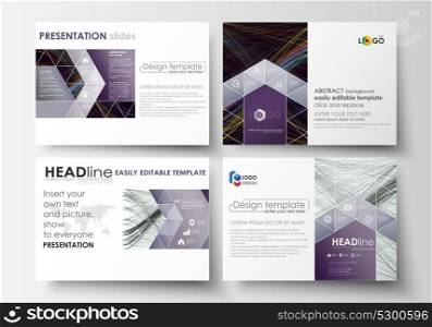 Set of business templates for presentation slides. Easy editable layouts in flat style, vector illustration. Abstract waves, lines and curves. Dark color background. Motion design.. Set of business templates for presentation slides. Easy editable layouts in flat style, vector illustration. Abstract waves, lines and curves. Dark color background. Motion design