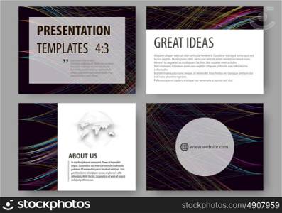 Set of business templates for presentation slides. Easy editable layouts, vector illustration. Abstract waves, lines and curves. Dark color background. Motion design.. Set of business templates for presentation slides. Easy editable layouts, vector illustration. Abstract waves, lines and curves. Dark color background. Motion design