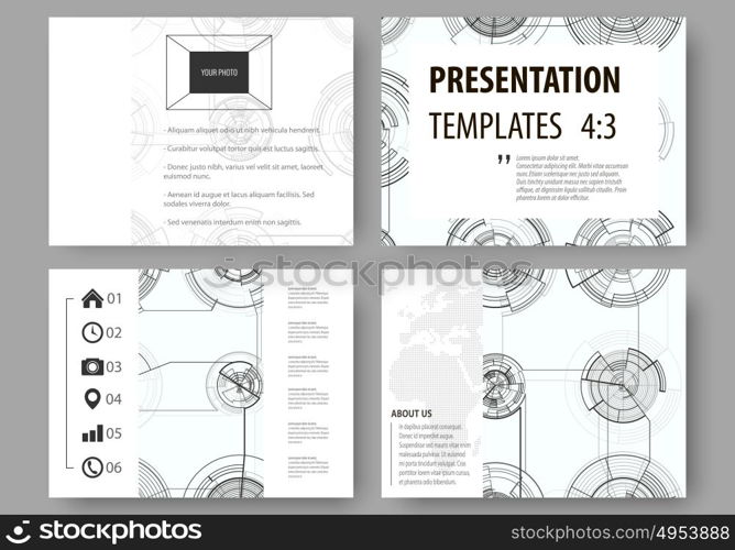 Set of business templates for presentation slides. Easy editable layouts, vector illustration. High tech design, connecting system. Science and technology concept. Futuristic abstract background.. Set of business templates for presentation slides. Easy editable layouts, vector illustration. High tech design, connecting system. Science and technology concept. Futuristic abstract background