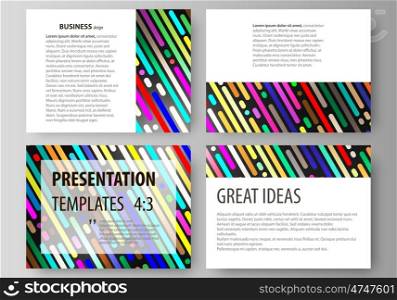 Set of business templates for presentation slides. Easy editable vector layouts in flat design. Colorful background with stripes. Abstract tubes and dots. Glowing multicolored texture.. Set of business templates for presentation slides. Easy editable abstract vector layouts in flat design. Colorful background made of stripes. Abstract tubes and dots. Glowing multicolored texture.