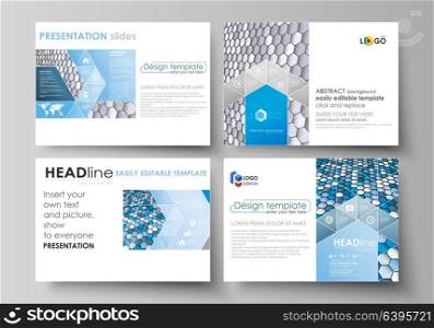 Set of business templates for presentation slides. Easy editable vector layouts in flat design. Blue and gray color hexagons in perspective. Abstract polygonal style modern background.. Set of business templates for presentation slides. Easy editable abstract vector layouts in flat design. Blue and gray color hexagons in perspective. Abstract polygonal style modern background.