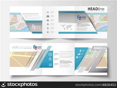 Set of business templates for square tri fold brochures. Leaflet cover, easy editable layout. City map with streets. Flat design template, tourism businesses, abstract vector illustration