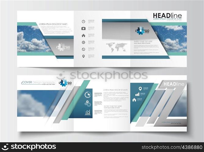 Set of business templates for tri-fold brochures. Square design. Leaflet cover, abstract blue flat layout, easy editable blank, vector illustration.