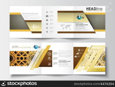 Set of business templates for tri-fold brochures. Square design. Leaflet cover, abstract flat layout, easy editable blank. Islamic gold pattern, overlapping geometric shapes forming abstract ornament. Vector golden texture.