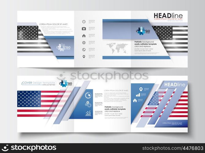 Set of business templates for tri-fold brochures. Square design. Leaflet cover, abstract flat layout, easy editable blank. Patriot Day background with american flag, vector illustration.